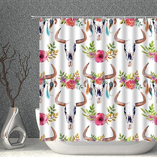 AMNYSF Watercolor Shower Curtain Bull Skull with Flowers and Feathers White Pink Decor Fabric Polyester Bathroom Curtains with Hooks 70x70 Inch