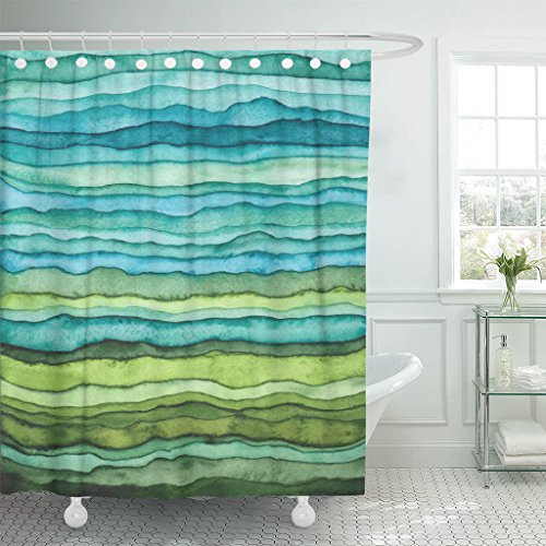 Emvency Shower Curtain Abstract Bright Blue and Green Waves Stripped Watercolor Brush Drawn Waterproof Polyester Fabric 72 x 72 inches Set with Hooks