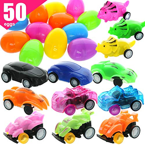 GiftExpress 50 Pcs Filled Easter Eggs with Pull Back Race Cars, Prefilled Plastic Eggs Surprise Gift Assorted Colors for Easter Egg Hunt, Party Favors, Easter Hunt Game