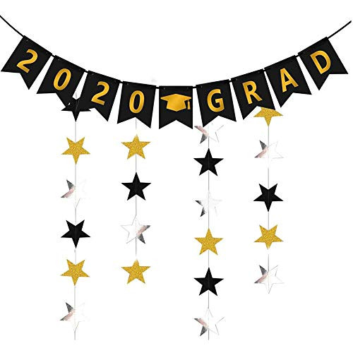2020 Grad Graduation Banner (Assembled)with Black Gold Silver Star Garland Class of 2020 Gold Graduate Party Decorations,High School College Grad Decor, Graduation Party Favors Supplies