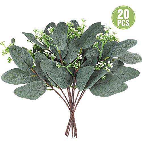 Whonline 20pcs Artificial Eucalyptus Leaves Stems with White Seeds Short Silver Dollar Faux Eucalyptus Branches Greenery Plants for Floral Bouquets Wedding Holiday Decor