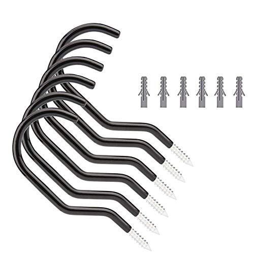 AIYoo Bike Hooks Heavy Duty Bicycle Storage Hooks Screw-in Utility Storage Hangers Shed Garage Garden Hook Plastic Coated for Wall Mount/Ceiling Black Set of 6