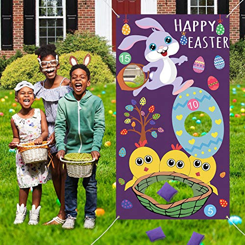 Tifeson Easter Games - Easter Bean Bag Toss Game with 3 Bean Bags for Kids Adults - Bunny, Chick and Eggs Toss Game Hanging Banner, Easter Egg Party Games Supplies