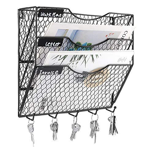 PAG Wall File Holder Hanging Mail Organizer Metal Chicken Wire Wall Mount Magazine Rack with 5 Hooks, 3-Tier, Black