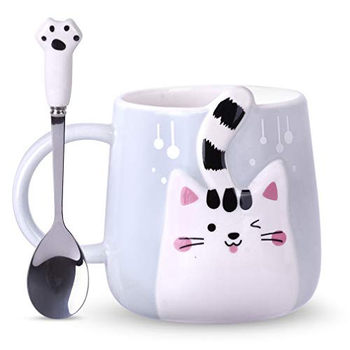 Notrefly Cat Mug and Spoon Cute Ceramic Cat Coffee Mug, Novelty Cat Tea Cup For Crazy Cat Lady Lovers Women Boy And Girls,Blue