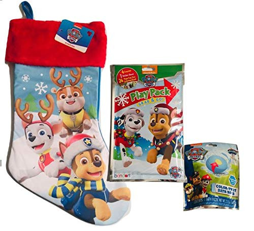 Paw Patrol Christmas Stocking Gift Set Bundle - Paw Patrol Barking Berry Color Twist Bath Bomb, Grab & Go Play Pack & Red Cuffed Paw Patrol Christmas Stocking - 3 Items
