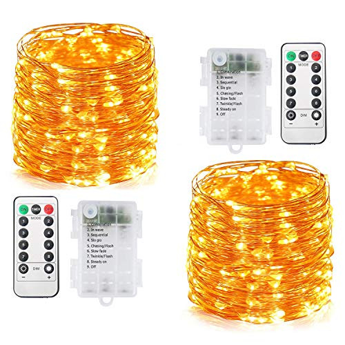 2 Pack 200LED Fairy Lights Battery Powered, Remote Control Timer Waterproof Copper Wire Twinkle String Lights for Bedroom Indoor Wedding Decoration 8 Modes 66Ft / 20m (Warm White)
