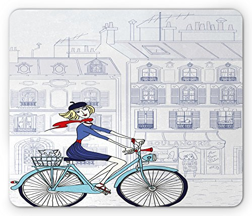Lunarable Paris Mouse Pad, Woman Riding a Bicycle in Paris with a Cat European French Style Illustration, Rectangle Non-Slip Rubber Mousepad, Standard Size, White and Blue