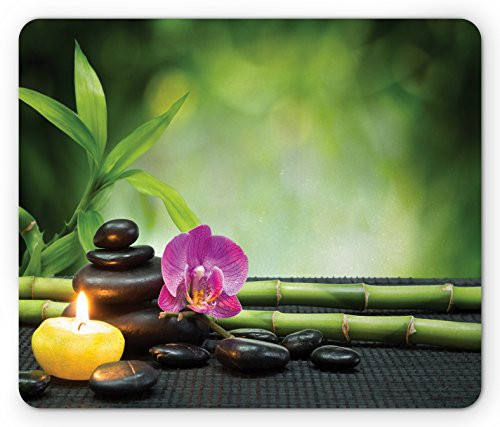 Ambesonne Spa Mouse Pad, Orchid Bamboo Stems Chakra Stones Japanese Alternative with Feng Shui Elements, Rectangle Non-Slip Rubber Mousepad, Standard Size, Green Fuchsia