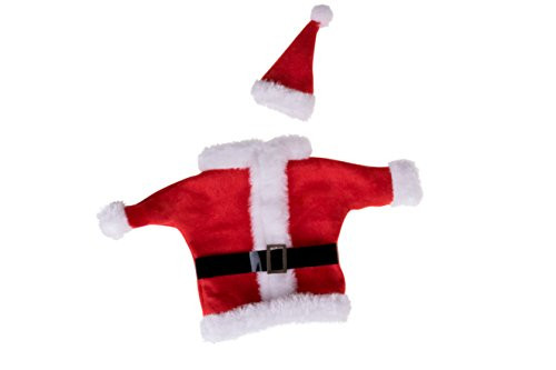 Santa Coat and Hat Wine Bottle Cover | For All Standard 750ml Wine Bottles | Quick & Easy Installation | Red & White Christmas Themed Santa Suit and Hat Holiday Decor Theme | Measures 8.5" x 3.25"