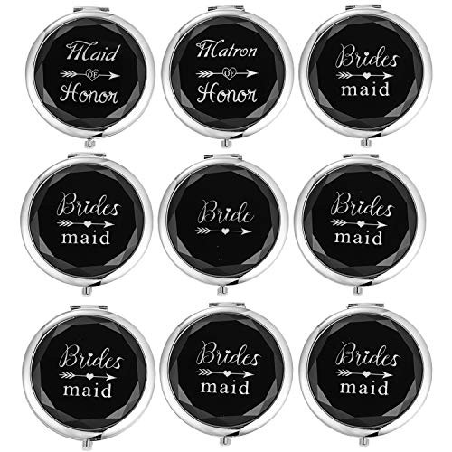 SFHMTL Pack of 9 Compact Pocket Makeup Mirrors Set Include 1 Bride Mirror 1 Maid of Honor Mirror 1 Matron of Honor Mirror and 6 Bridesmaid Mirrors Wedding Bridesmaid Proposal Gifts (Black)