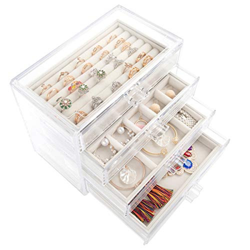 Mebbay Acrylic Jewelry Box with 4 Drawers, Velvet Jewelry Organizer for Earring Necklace Ring & Bracelet, Clear Jewelry Display Storage Case for Woman, Creamy White