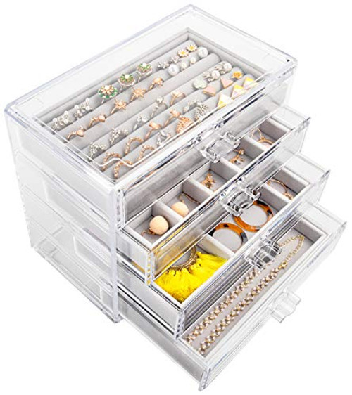 Mebbay Acrylic Jewelry Box with 4 Drawers, Velvet Jewelry Organizer for Earring Necklace Ring & Bracelet, Clear Jewelry Display Storage Case for Woman, Grey Mebbay Acrylic Jewelry Box with 4 Drawers, Velvet Jewelry Organizer for Earring Necklace Ring & Bracelet, Clear Jewelry Display Storage Case for Woman, Grey