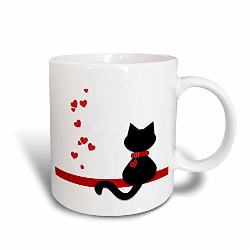 3dRose Pet Lovers Red Hearts Black Kitty Cat Ceramic Mug, 11 oz, White