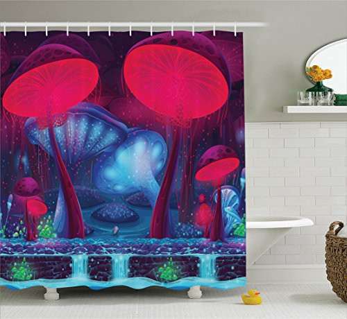Ambesonne Mushroom Decor Shower Curtain Set, Magic Mushrooms with Vibrant Neon Lights Graphic Image Enchanted Forest Theme Print, Bathroom Accessories, 75 Inches Long, Blue Red