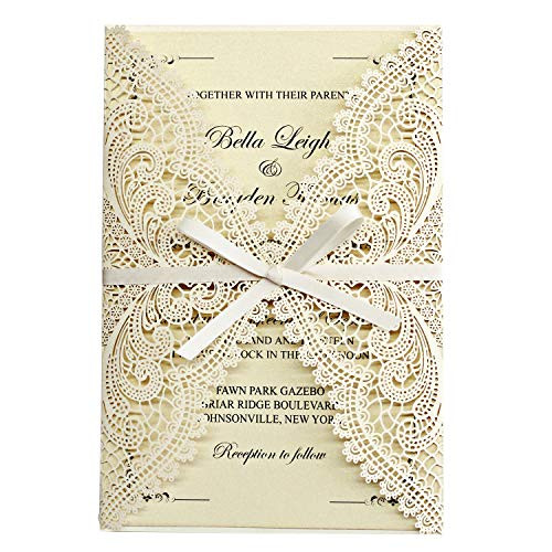 Picky Bride 25pcs Vintage Lace Wedding Invitations with Envelopes, Old-Age Bridal Shower Invitations, Laser Cut Wedding Invites, Multi-Colors Available 125x185mm (Light Yellow)