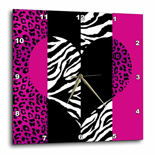 3dRose DPP_35437_2 Pink Black and White Animal Print Leopard and Zebra Heart Wall Clock, 13 by 13-Inch