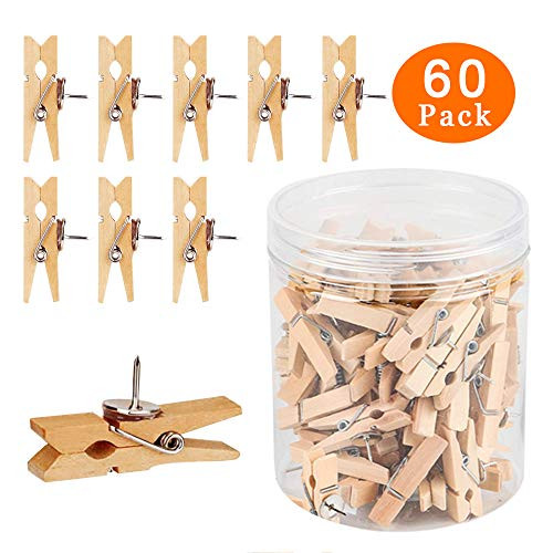 Push Pins with Wooden Clips Pushpins Tacks Thumbtacks for Offices Cork Boards Artworks Notes Photos Craft Projects and Homes 60PC.Wood