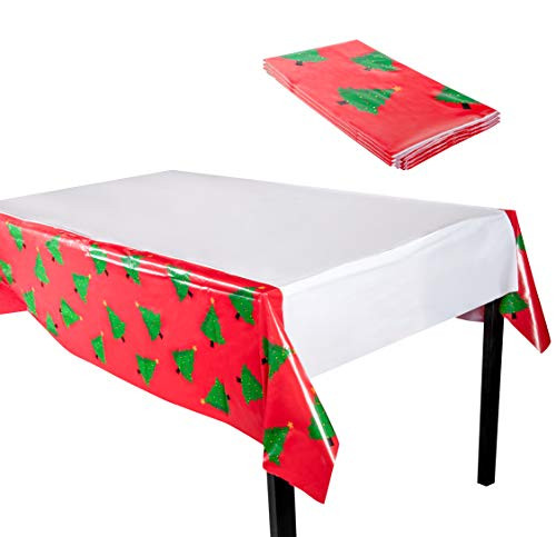 Christmas Plastic Tablecloth - 3-Pack 54 x 108-Inch Rectangular Disposable Table Cover, Perfect for Holiday Buffet Banquet or Picnic Tables, Festive Christmas Tree Design, Red and White, 4.5 x 9 Feet