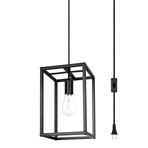 Pendant Light, Industrial Retro Loft Design, Black Rectangle Cage Hanging Ceiling Lamp, Retro Lighting Fixture for Kitchen Island Dining Room (Plug in)