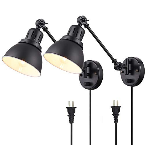 Plug in Wall Sconces Lamp, Tausende Swing Arm Wall Lamp with On/Off Switch Metal Black Wall Mounted Reading Light Fixture for Indoor Bedroom Bedside - Set of 2