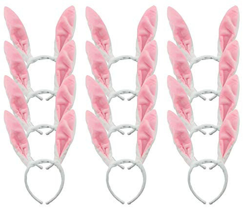 Cornucopia Plush White Bunny Ear Headbands (12-Pack); Fuzzy Easter Rabbit Ear Costume in White and Pink