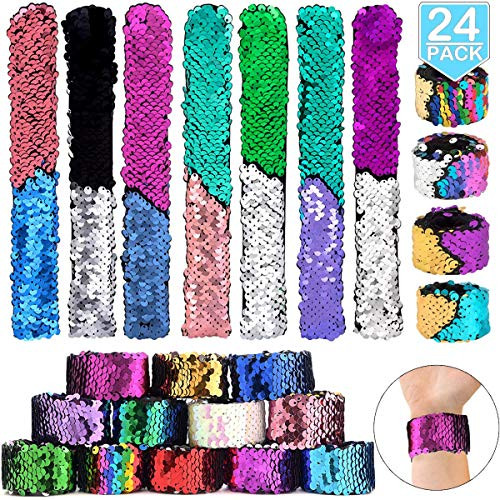 POKONBOY 24 Pack Mermaid Slap Bracelets Party Favors for Kids, Two-Color Decorative Reversible Sequin Bracelets Mermaid Party Favors, Class Prizes for Girls