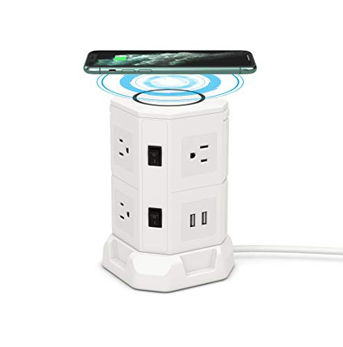 Desktop Power Tower,Surge Protector Power Strip Tower, 7 AC Outlet & 2 USB Port Electrical Outlet, Wireless Charging Station with 6 FT Extension Cord for Home Office