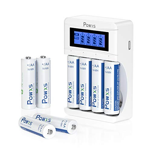 POWXS Rechargeable AA AAA Battery Charger with 8 2000mAh Long Lasting AA NiMH Rechargeable Batteries