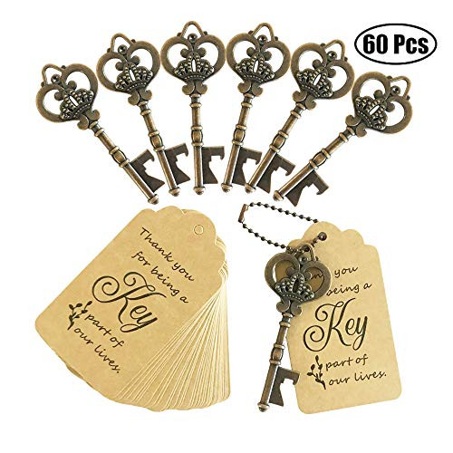 WODEGIFT 60 PCS Key Bottle Openers,Vintage Crown Key Bottle Opener with Escort Tag Card and Key Chains, Wedding Party Favors Gifts(Red Copper)