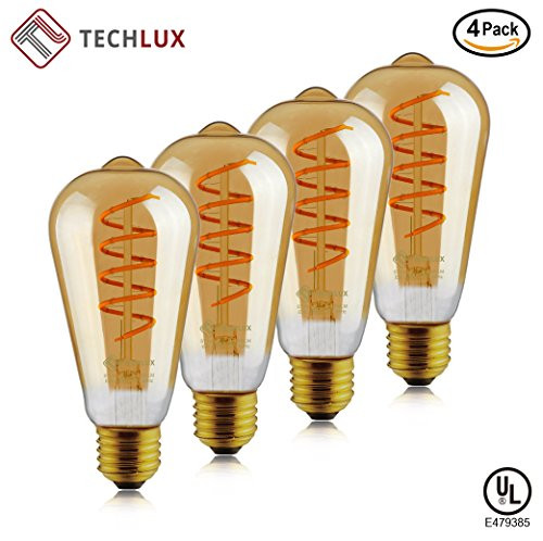 Latest Dimmable Led Edison Bulb, 6.5W Spiral Flexible LED Filament Bulbs, Vintage Antique ST64(ST21) LED Light Bulbs, 25W Incandescent Equivalent, 2000K(Amber Glass) Soft White, E26 Base, Pack of 4