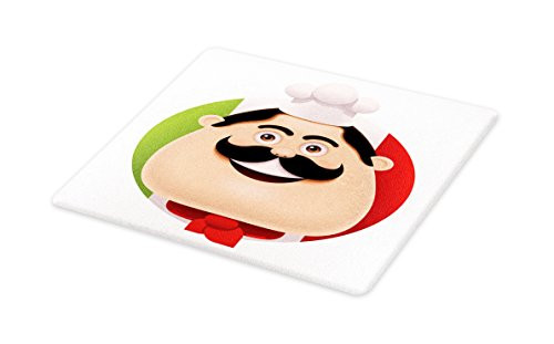 Lunarable Italian Flag Cutting Board, Cartoon Chef with Mustache Cuisine Cooking European Kitchen Pizza Pasta Yummy, Decorative Tempered Glass Cutting and Serving Board, Large Size, Peach Red