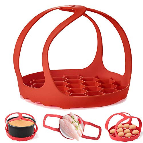 Pressure Cooker Sling?Silicone Bakeware Sling for 6 Qt/8 Qt Instant Pot, Ninja Foodi and Multi-function Cooker Anti-scalding Bakeware Lifter Steamer Rack?BPA-Free Silicone Egg Steamer Rack (Red)
