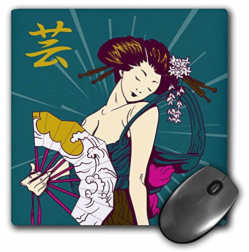 3dRose Pretty Geisha Woman Holding Japanese Fan with Kanji Symbol Modern Colors Vector Illustration Mouse Pad (mp_116182_1)