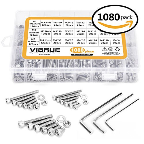 304 Stainless Steel Screws and Nuts, M2 M3 M4 Hex Socket Head Cap Screws Assortment Set Kit with Storage Box (1080 Pcs Hex Socket Head Cap Screws Nuts)