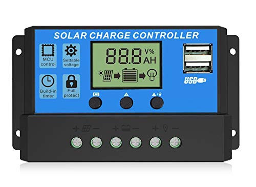 EEEKit 20A Solar Charge Controller, Solar Panel Charger Controller 12V/24V, Multi-Function Adjustable LCD Display with Dual USB Port Timer Setting PWM Auto Parameter