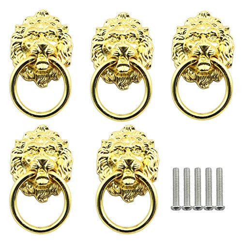 Tegg Lion Head Pull Handle 5PCS Golden Chinese Style Lion Head Pull Handle with Knob Ring for Furniture Door Cabinet Dresser Drawer Cupboard Closet Door Handles Knobs