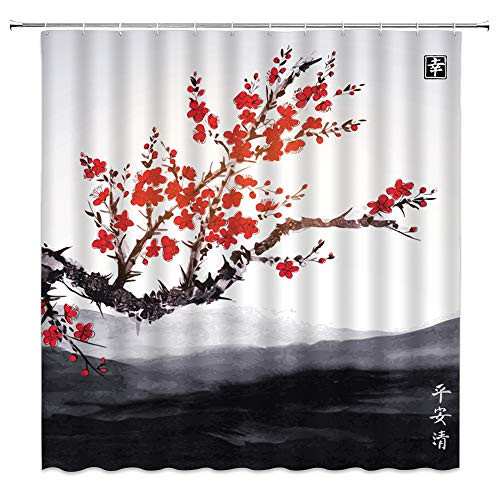 Tingrun Cherry Blossoms Shower Curtain Flower Blomming Oriental Japanese Chinese Ink Painting Decor Creative Floral Art Theme Picture Fabric Bathroom Curtain Set 71x71 Inch with Hooks,Red Black 