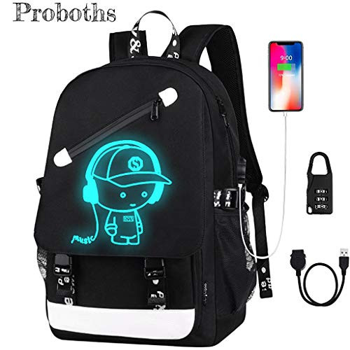 Proboths Anime Luminous Backpack School Backpack Laptop Backpack with Anti-Theft Lock USB Charging Port Gift for Students Black