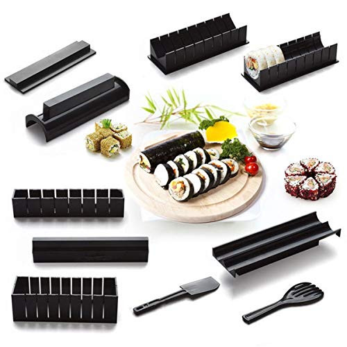 10 Piece Sushi Making Kit for Beginners, Plastic Sushi Maker Tool Complete with 8 Sushi Rice Roll Mold Shapes and 2 Fork Spatula DIY Home Sushi Tool for Maki Rolls Sushi Rolls