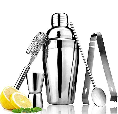 25 oz Cocktail Shaker Bartender Set, Stainless Steel Martini Shaker, Mixing Spoon, Ice Tong, Double Measuring Jigger, Hawthorne strainer, Professional Bar Tools (5 Piece Set)