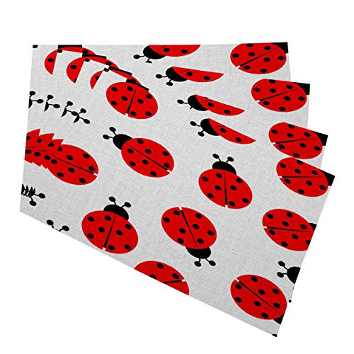 Mugod Ladybug Placemats Red and Black Ladybug Seamless Pattern on White Background Decorative Heat Resistant Non-Slip Washable Place Mats for Kitchen Table Mats Set of 4 12"x18"