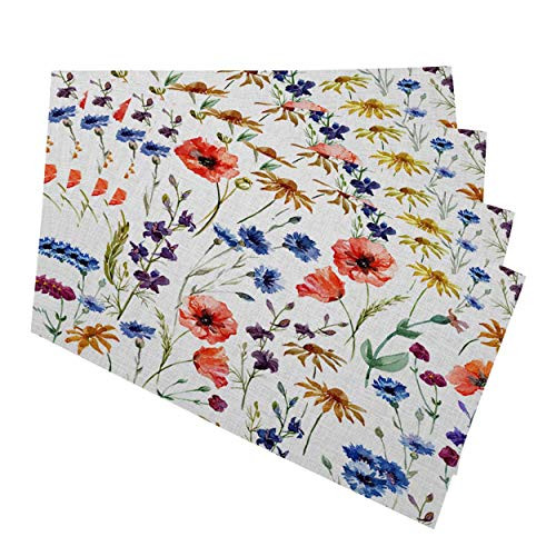 Mugod Wildflowers Placemats Colorful Watercolor Flowers Poppy Cornflower and Chamomile Decorative Heat Resistant Non-Slip Washable Place Mats for Kitchen Table Mats Set of 4 12"x18"
