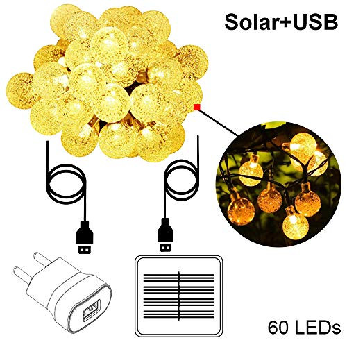 Dual Powered - Solar + USB Plug in - String Lights, 33 Ft 60 LEDs Crystal Ball Waterproof Outdoor String Lights Solar Powered Globe Fairy String Lights for Garden, Pati (Dual Powered, WarmWhite-1Pack)