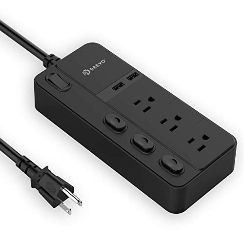 DREVO Surge Protector Power Strip with 3-Outlet, Switch Control, 2 USB Charger Port, Desktop Charging Station, 5Ft Cable (Black)