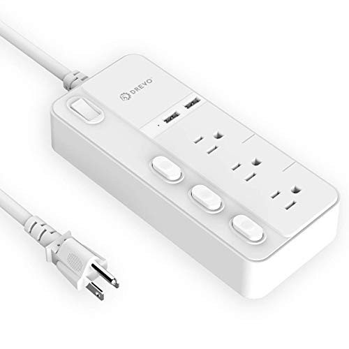 DREVO Surge Protector Power Strip 3-Outlet, Switch Control, 2 USB Charger Port, Desktop Charging Station, 5Ft Cable (White)