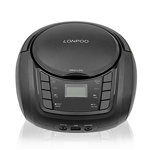 LONPOO Portable Top-Loading CD Boombox Bluetooth Stereo FM Radio with Aux Line in, Headphone Jack and USB Port, Foldable Carrying Handle