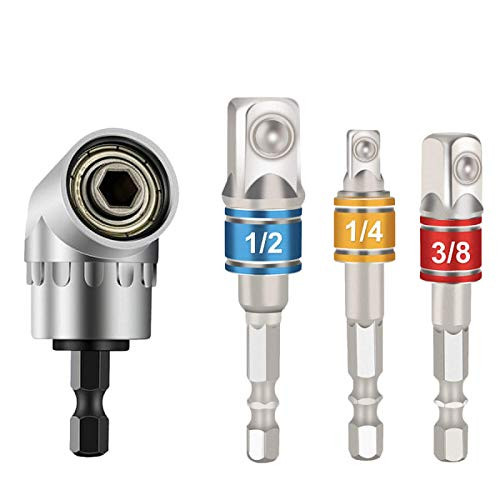 Impact Grade Driver Socket Adapter Extension Set + 105 Degree Right Angle Driver, 1/4" 3/8" 1/2" Hex Shank Drill Nut Driver Bit Set, Screwdriver Set Drill Hex Bit Attachment