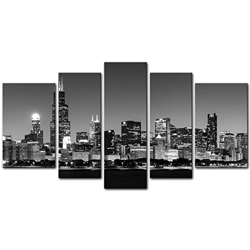 Chicago City Wall Art Decor Poster Painting On Canvas Print Pictures 5 Pieces View of Chicago Skyline at Night in Black and White Place Cityscape Framed Picture for Home Decoration Living Room Artwork