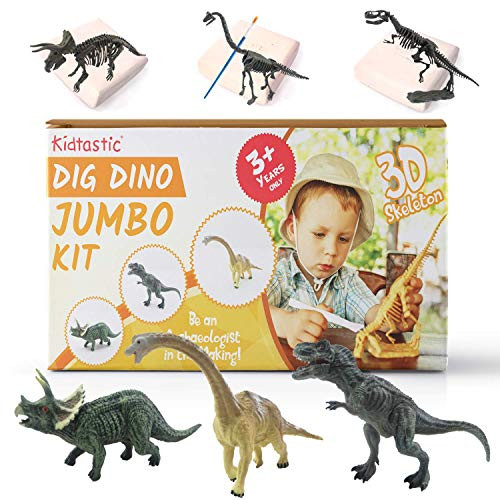 Kidtastic Dig Dinosaur Excavation Kit Large 6" Dinosaur Figures and Model Skeletons, (11 PCS), T-Rex, Triceratops & Brachiosaurus Skeletons Excavation STEM Set, Archaeology Toy for Kids Ages 3 and Up